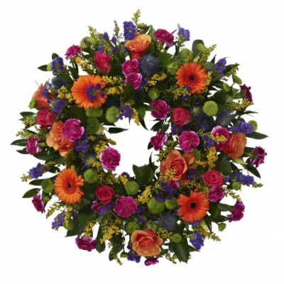 Vibrant wreath - Vibrant wreath with contrasting flowers in orange, hot pink, purple and lime green.