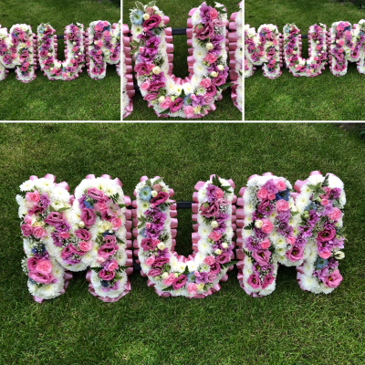 Mum funeral tribute - Mum with mixed flower inlay in pink, colour combination can be changed on request.