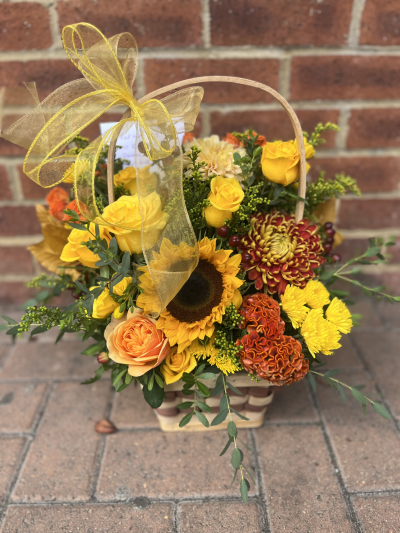 Autumn basket - Filled with seasonal autumn flowers and foliage arranged to create a seasonal display basket arrangement.